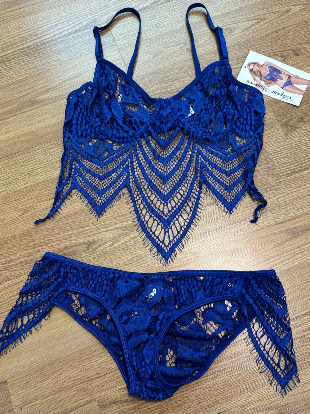 Lace Bralette Panty Set Underwire V Trim Zig Zag Hem Bra Top Royal Blue 3068